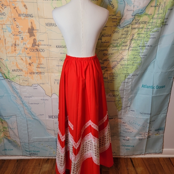 Vintage 1970s Carefree Fashions Red Lace Trim Maxi Skirt - Picture 8 of 16